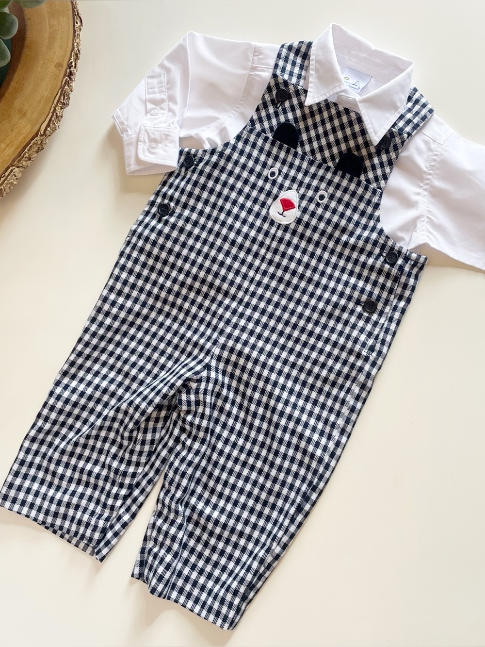 Florence Eiseman Bear Face Gingham Overalls & White Oxford Shirt Set | 18m